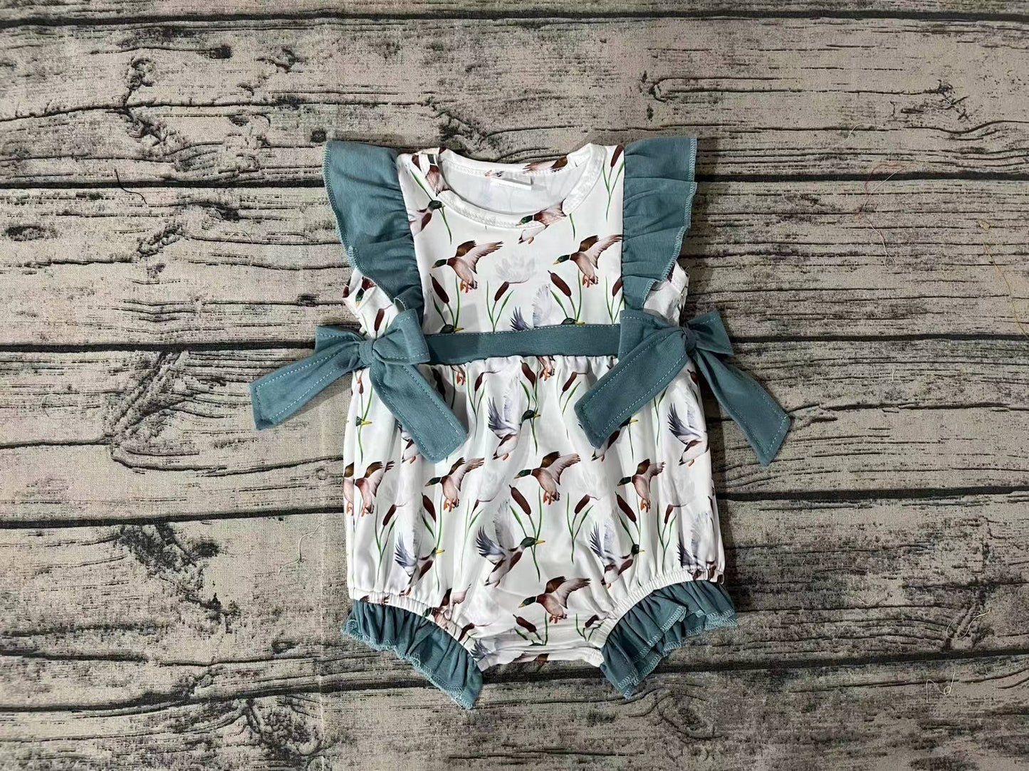 SR1140 RTS baby girls clothes Duck Haze Blue Lace Bow White Vest Jumpsuit