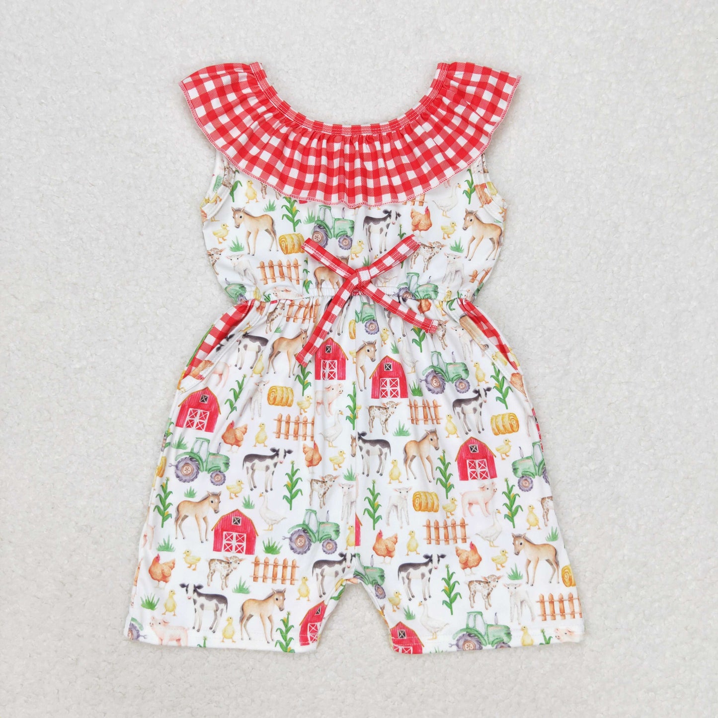 RTS NO MOQ(In Stock) Farm animal red house red plaid lace sleeveless bodysuit