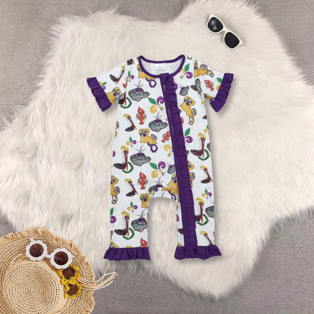RTS NO MOQ Sibling baby Girls Boys Mardi gras short sleeve pants sets 2 and rompers 2