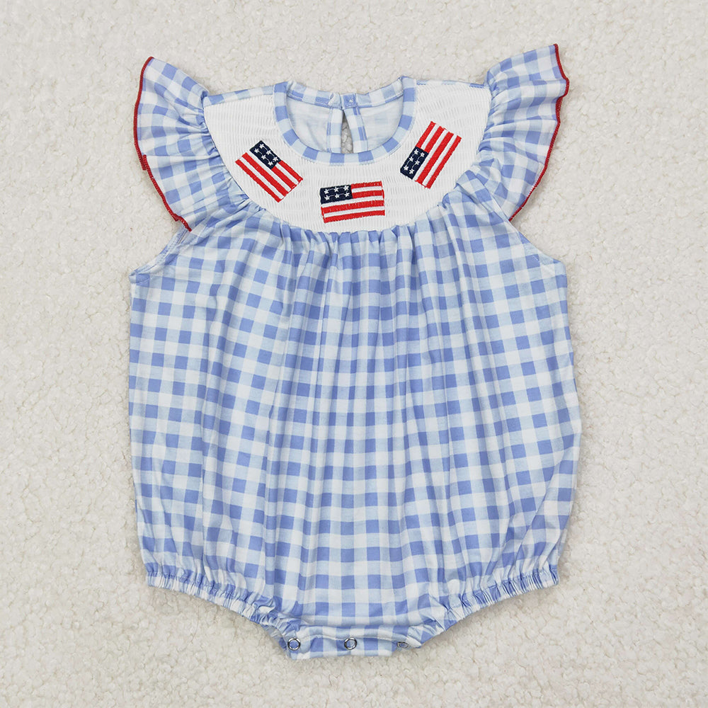 RTS NO MOQ Sibling baby girl clothes embroidery smocked 4th of july flag flying-sleeved romper dress