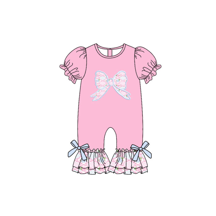 no moq SR3113 pre-order baby girl clothes floral bow pink short sleeve romper-2025.5.21