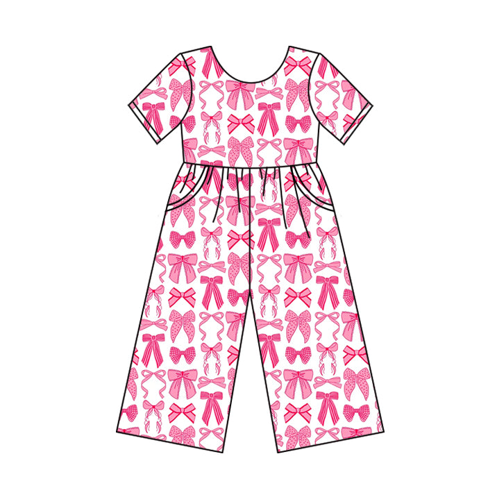no moq SR3144 PRE-ORDER baby girls clothes bow pink short sleeve jumpsuit-2025.5.30