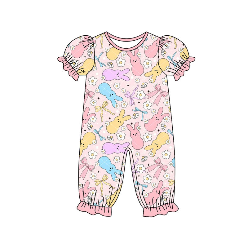 (Pre Order) No moq SR3226 pre-order baby girl clothes easter rabbit pink short sleeve romper-2025.9.17