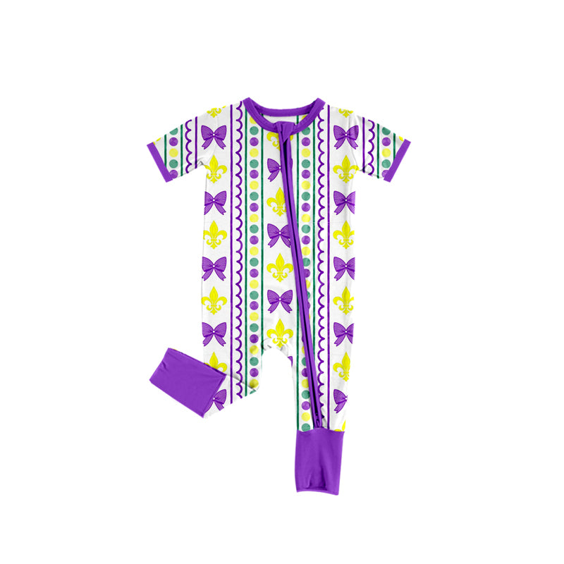 (Pre Order) No moq SR3229 pre-order baby girl clothes mardi gras bow short sleeve romper-2025.9.18