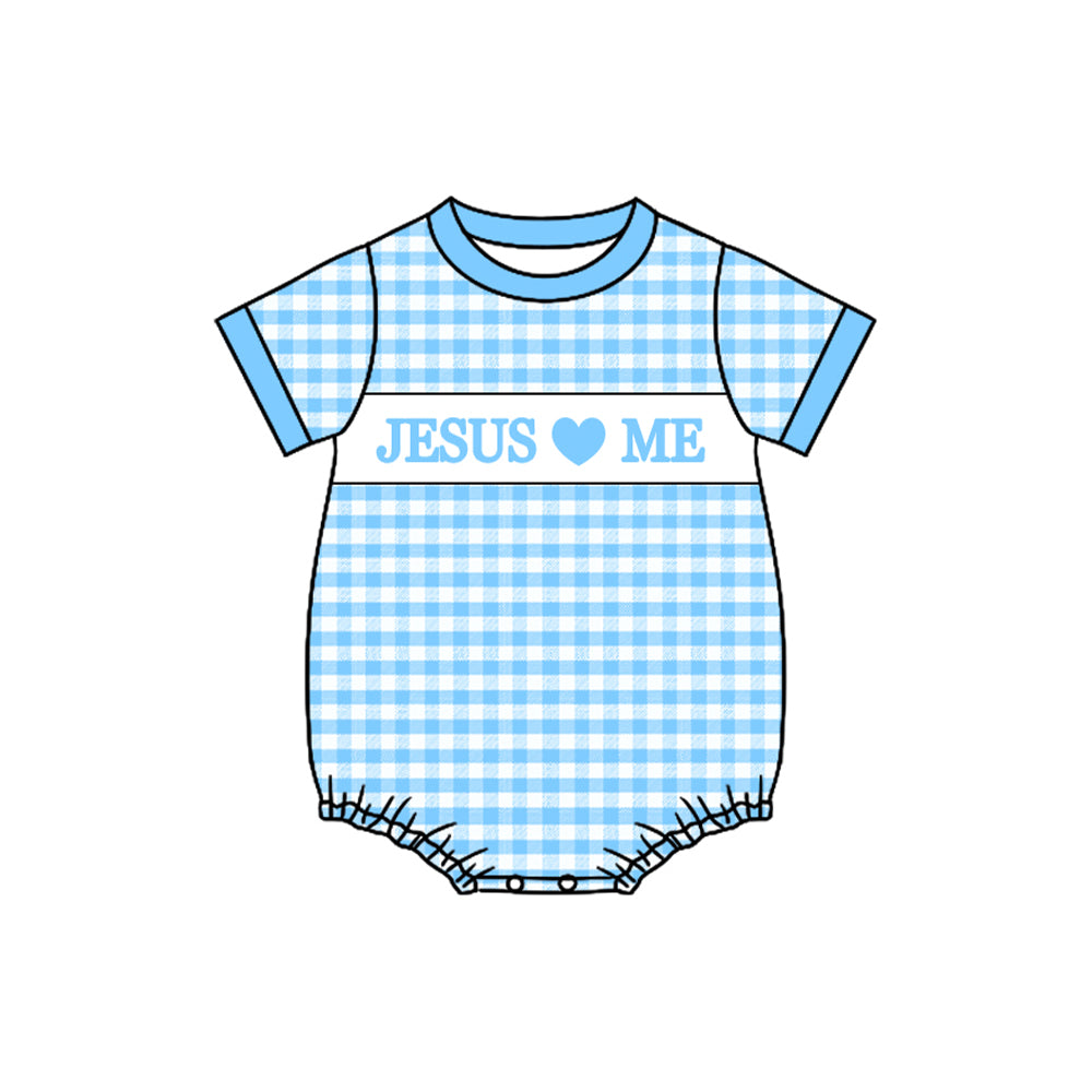 (Pre Order) No moq SR3248 pre-order baby boy clothes JESUS love ME blue short sleeve romper-2025.9.26