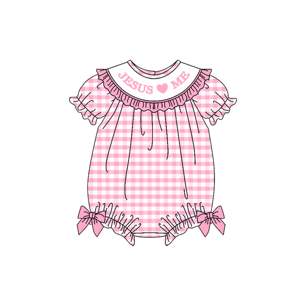 (Pre Order) No moq SR3249 pre-order baby girl clothes JESUS love ME pink short sleeve romper-2025.9.26