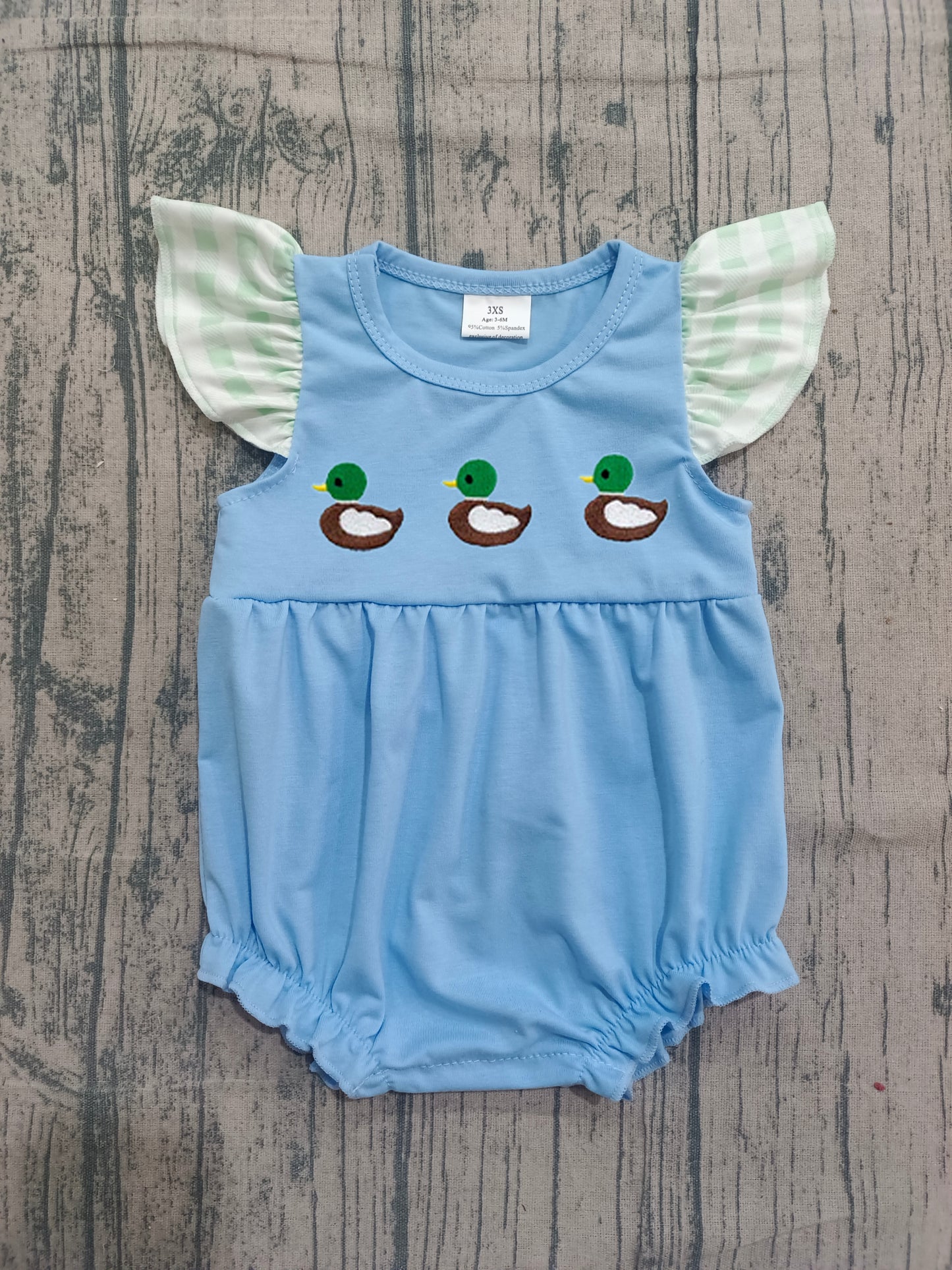 (Pre Order) No moq SR3266 pre-order baby girl clothes embroidery duck blue flying sleeve romper-2025.12.5