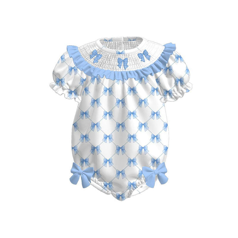 (Pre Order) No moq SR3486 pre-order baby girl clothes bow blue short sleeve romper-2025.11.4