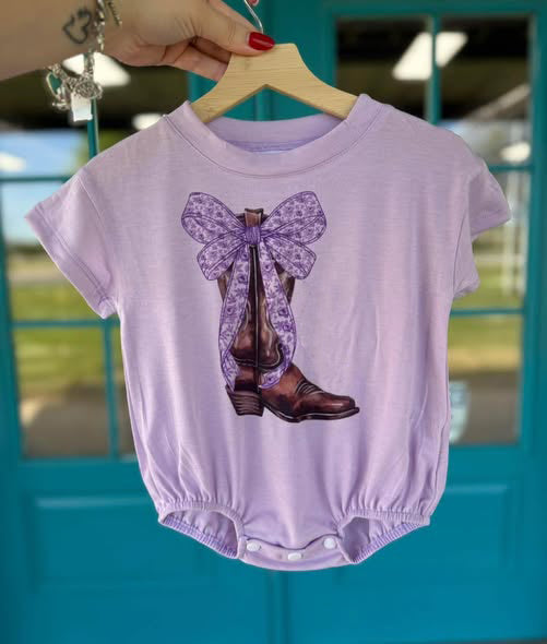 (Pre Order) No moq SR3524 pre-order baby girl clothes boot bow purple short Sleeve romper-2025.11.10