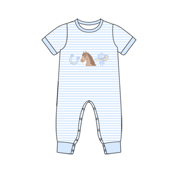 (Pre Order) No moq SR3598 pre-order baby boy clothes hat horse blue short sleeve romper-2025.11.18