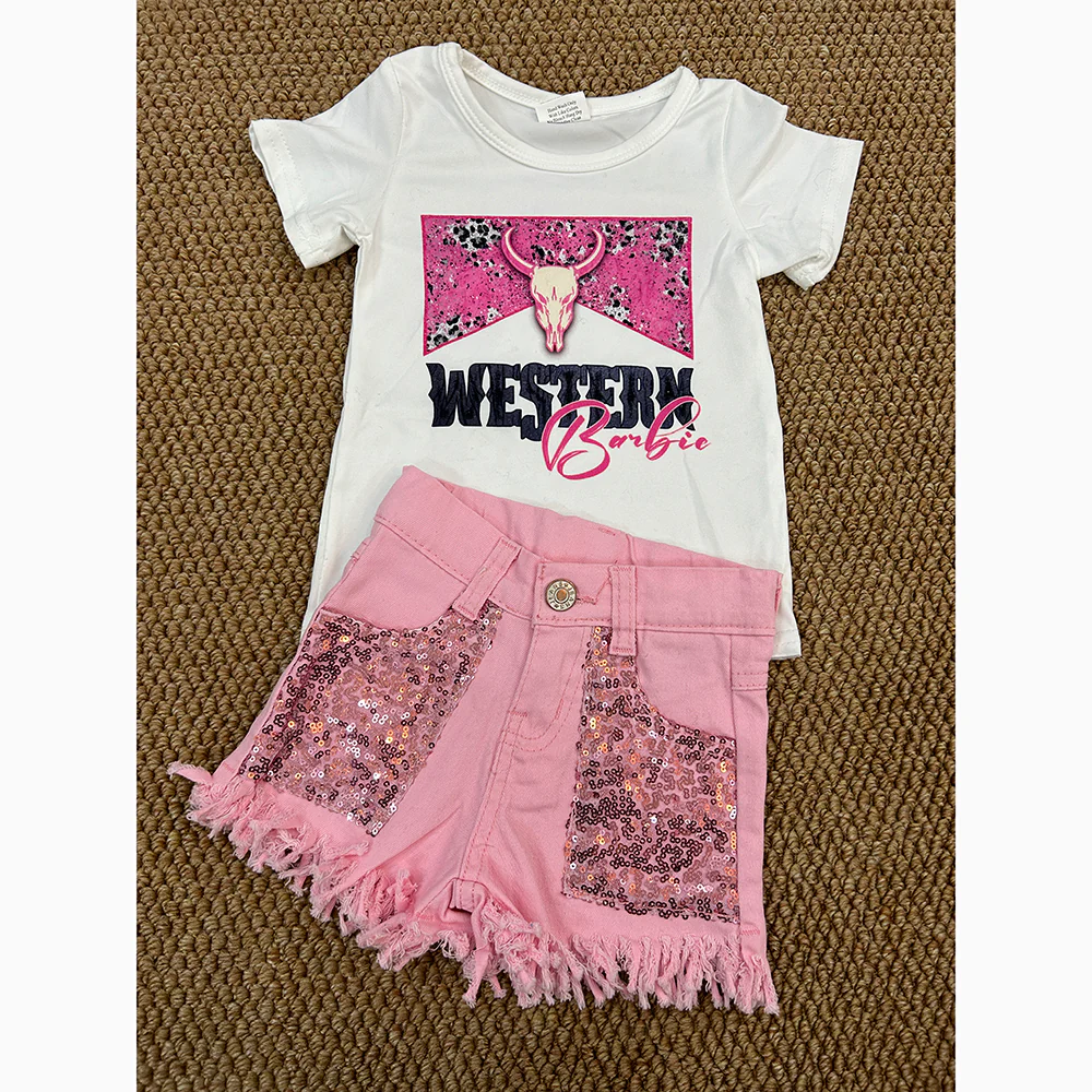 RTS NO MOQ ETA 5/7days Arrived GT0134+SS0230 Girls WESTERN pink cow head white short-sleeved top sequin denim shorts