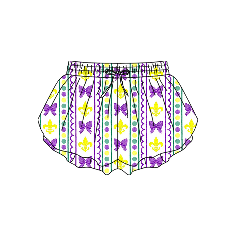 (Pre Order) No moq SS0700 pre-order baby girl clothes yoga mardi gras bow summer shorts-2025.10.20