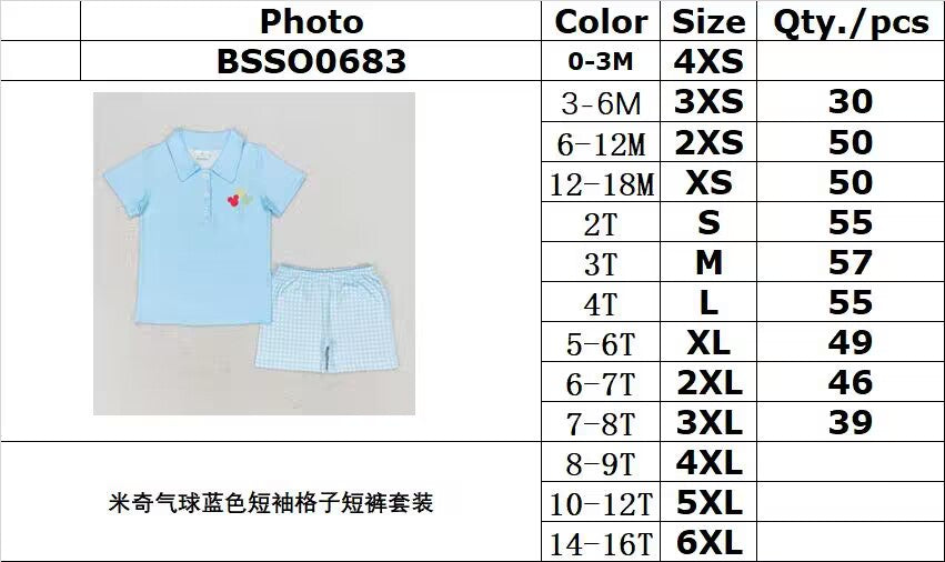 RTS NO MOQ BSSO0683 Mickey Balloon Blue Short Sleeve Plaid Shorts Set