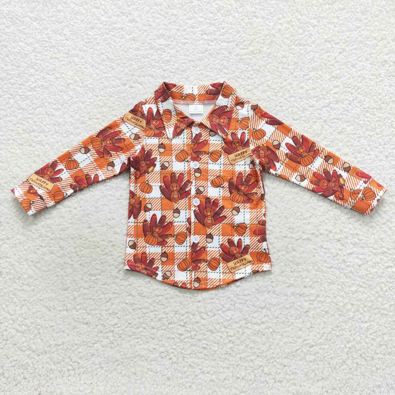 BT0255 Turkey Pumpkin Pine Nut Orange Plaid Long Sleeve Top