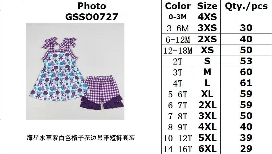 GSSO0727 Starfish aquatic purple and white plaid lace suspender shorts set