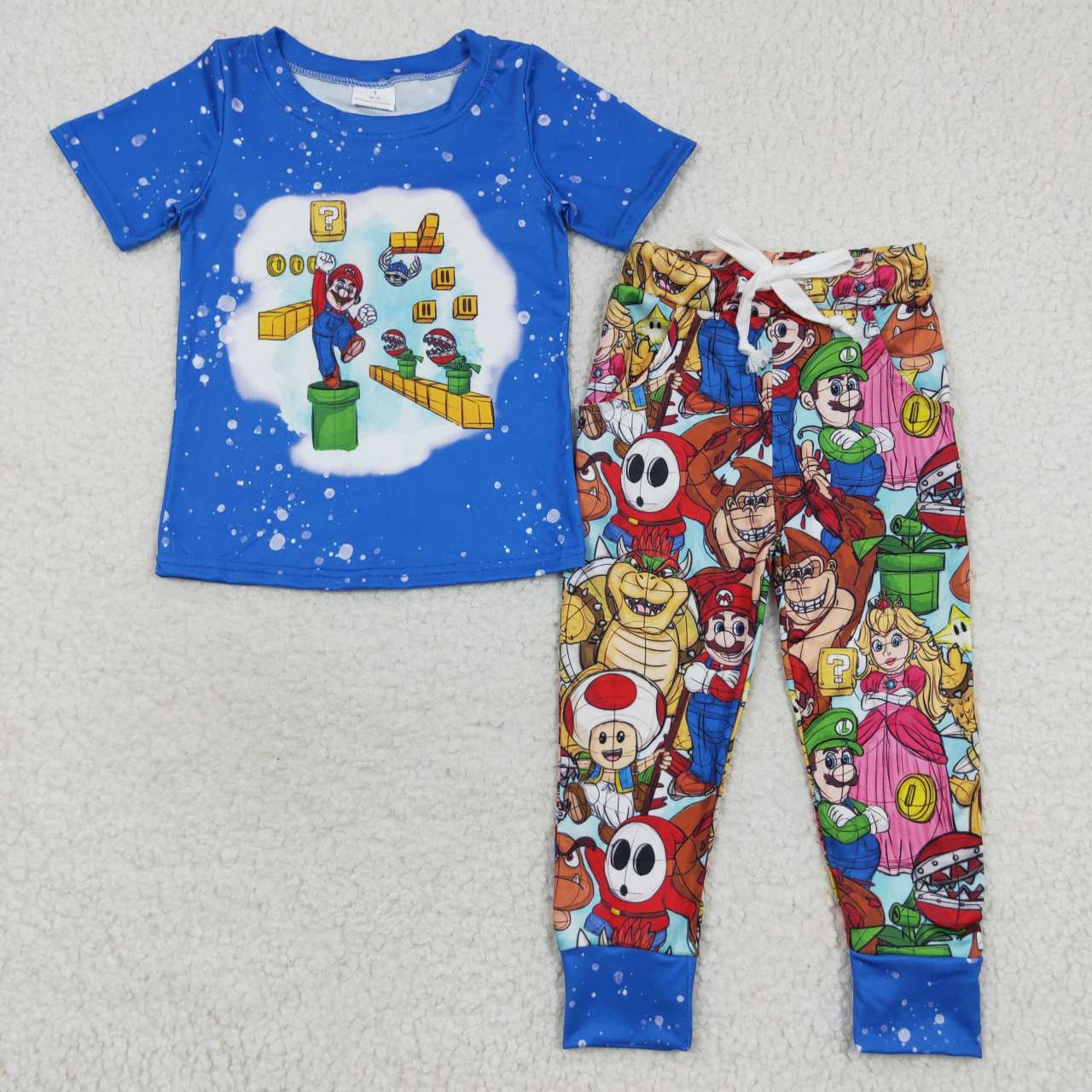 RTS NO MOQ(In Stock) Cartoon Mario Blue Short Sleeve Pants Set