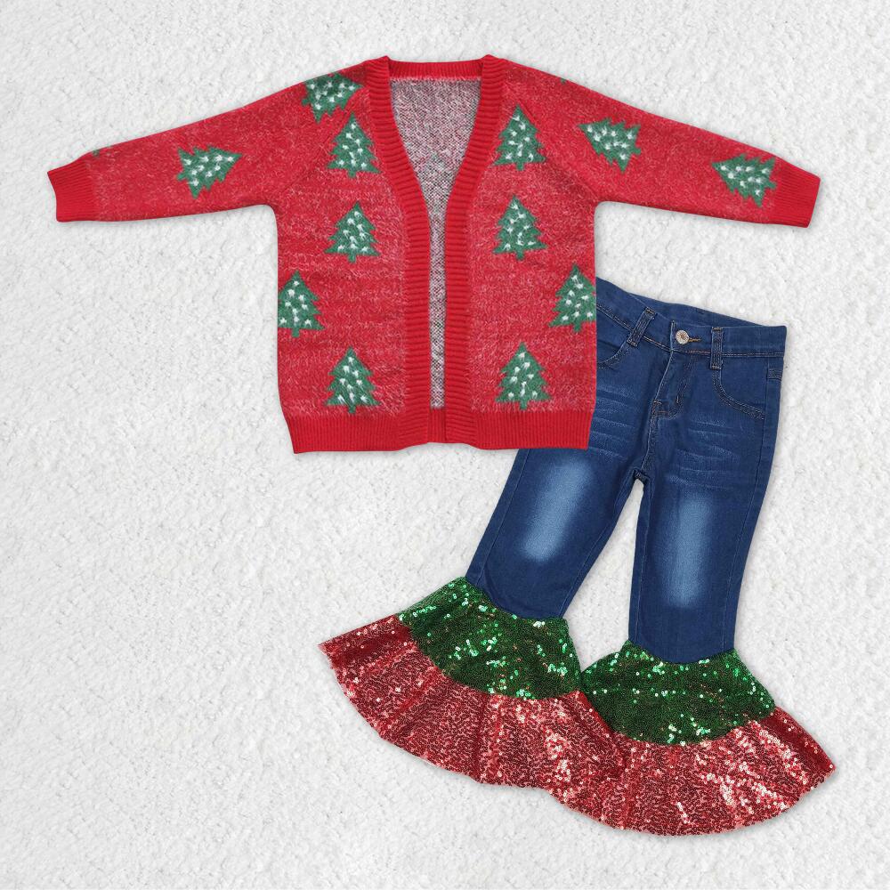 Christmas girls cardigan sweater jacket and jeans set 6-12m-8-9t