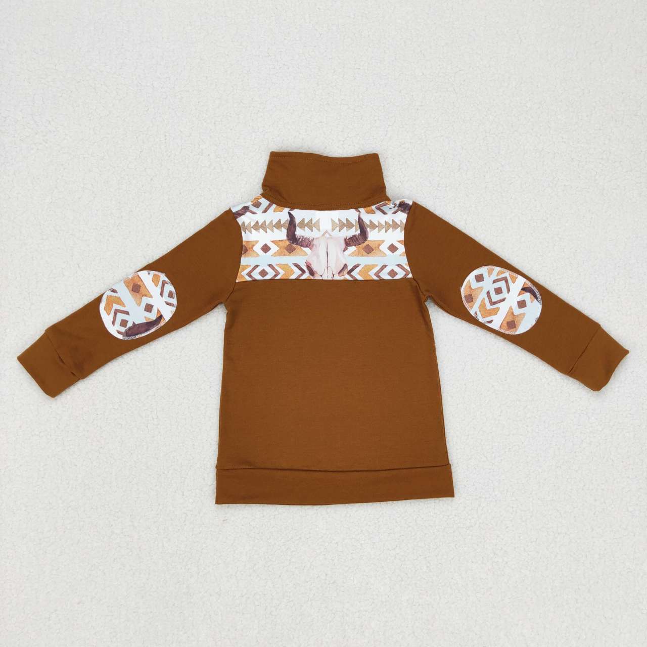 RTS NO MOQ ETA 5/7days Arrived BT0348 Alpine Bull Arrow Geometric Brown Zip Long Sleeve Top
