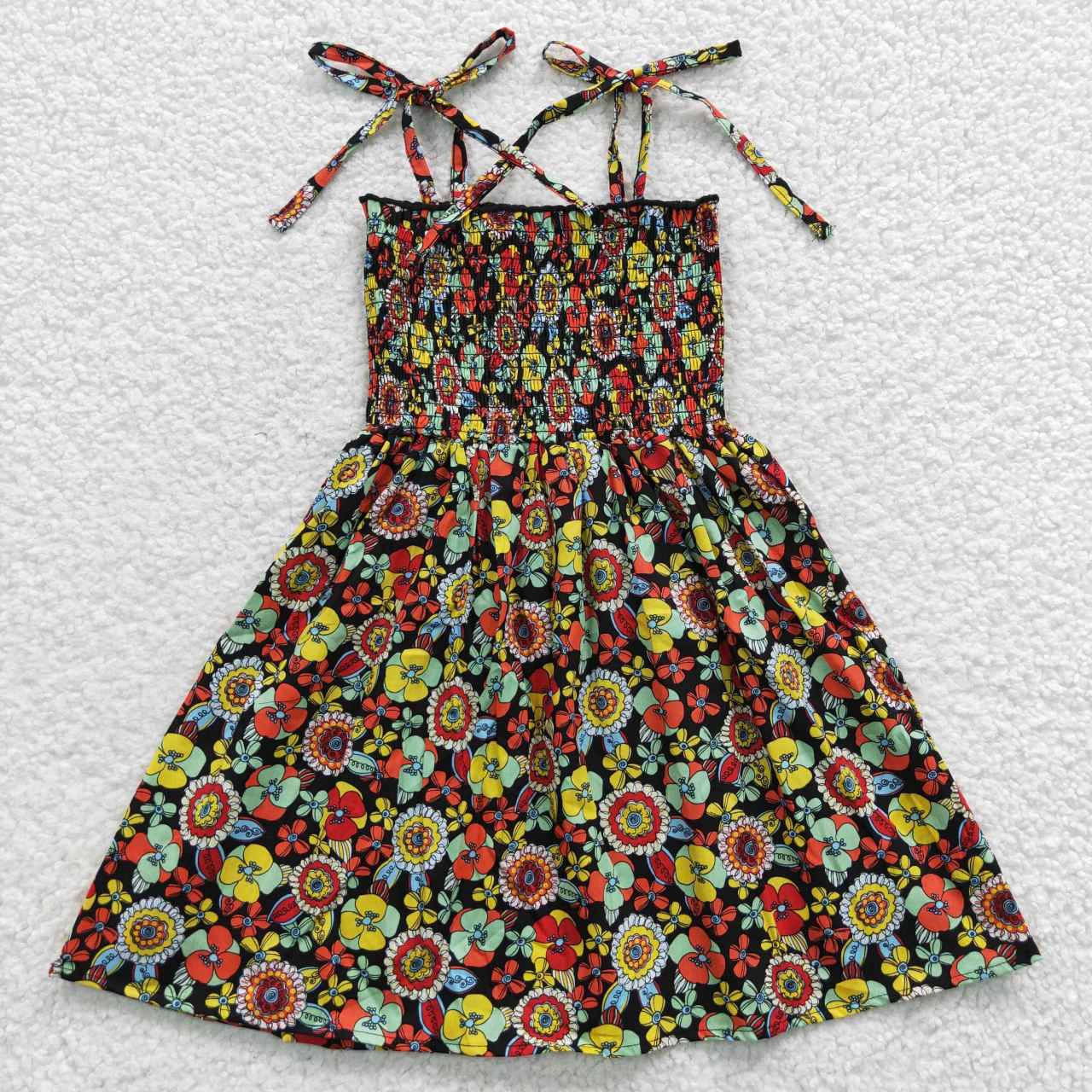 RTS NO MOQ(In Stock ) GSD0357 Colorful Flower Black Sling Dress