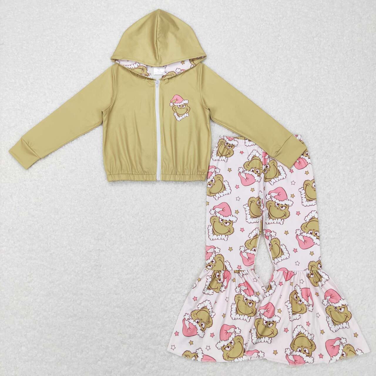 GT0339 Cartoon grinch star green zipper hooded long-sleeved top+P0312 Cartoon grinch star light color trousers
