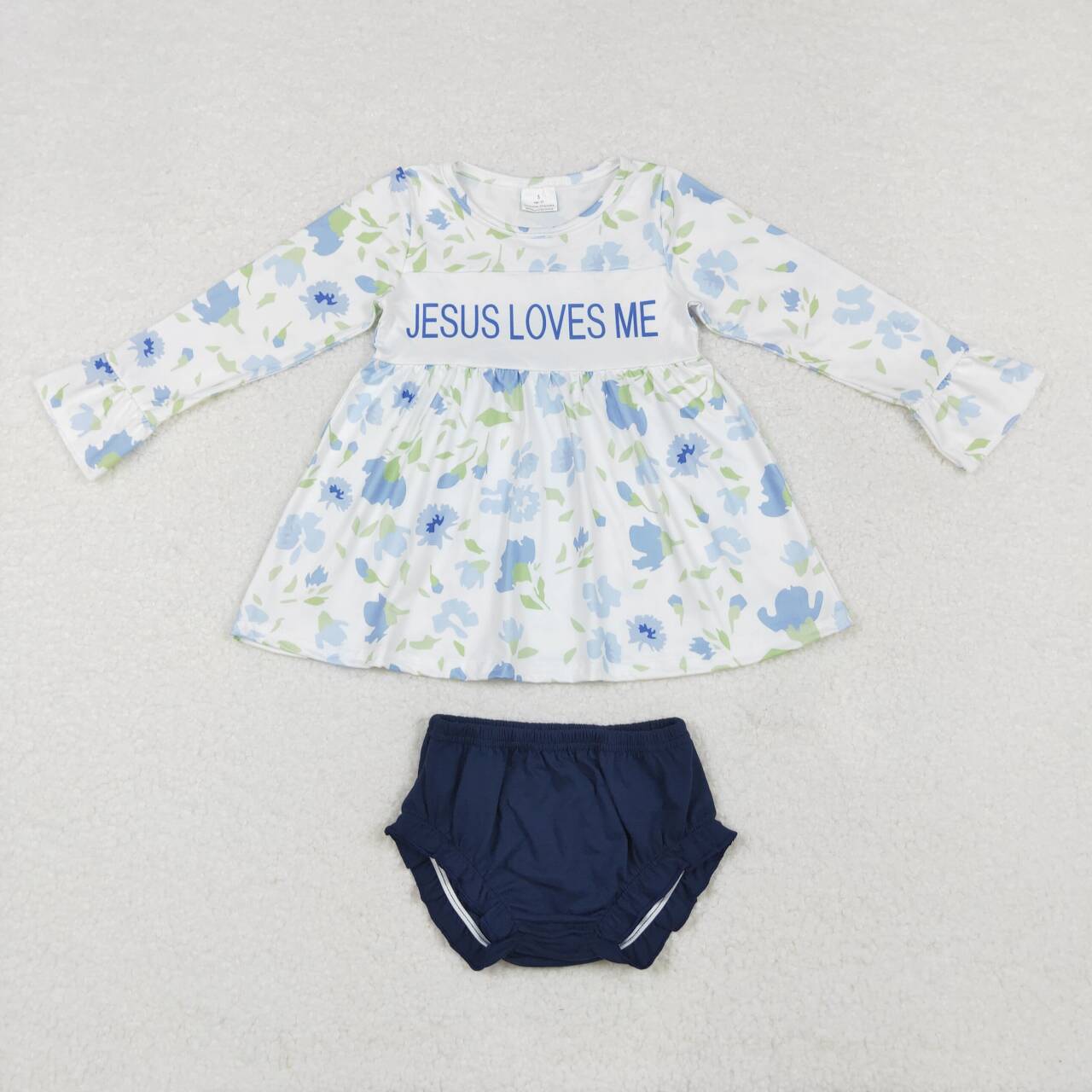 RTS NO MOQ(In Stock) jesus loves me flower long-sleeved blue briefs set
