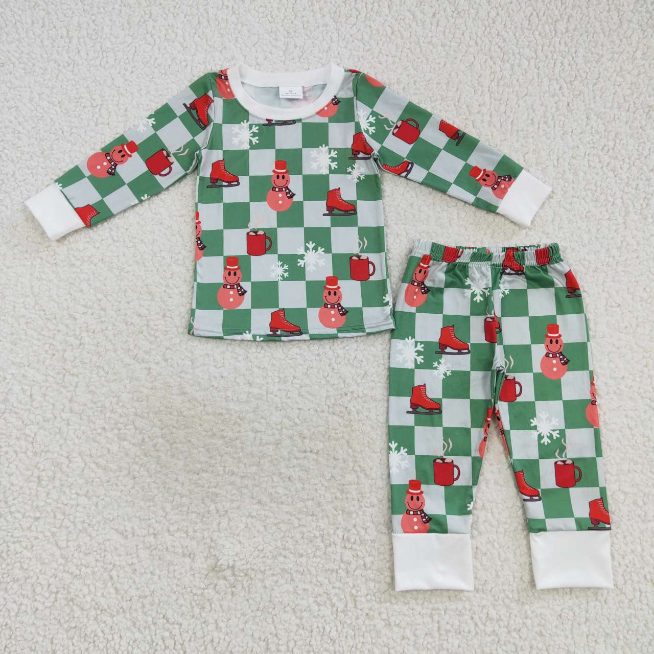 BLP0317 Snowflake Smiley Green Plaid Long Sleeve Pants Suit