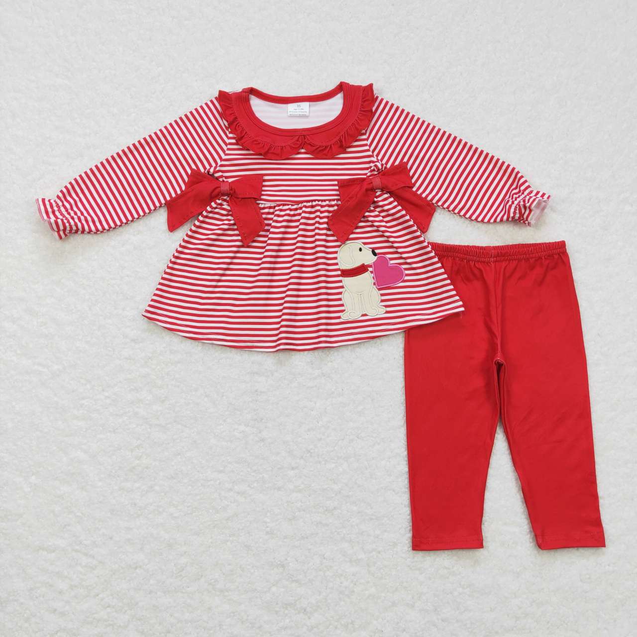 GLP0891 Embroidered puppy love bow lace red and white striped long-sleeved trousers suit