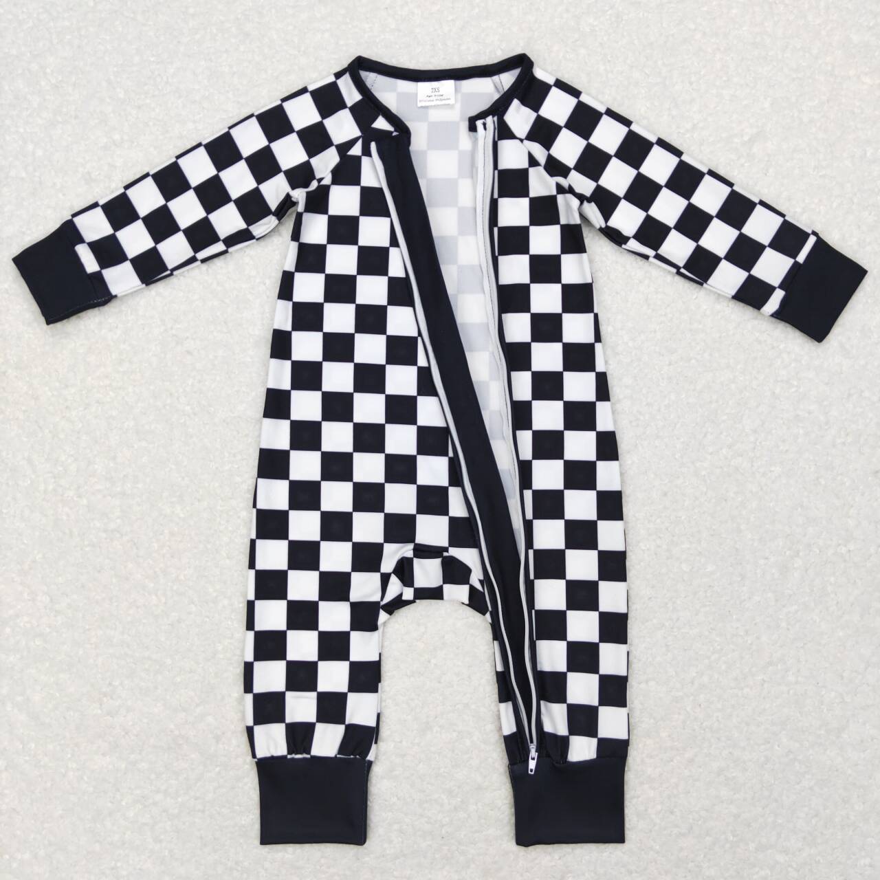 RTS NO MOQ(In Stock) LR0812 Black and white plaid zipper long sleeve jumpsuit