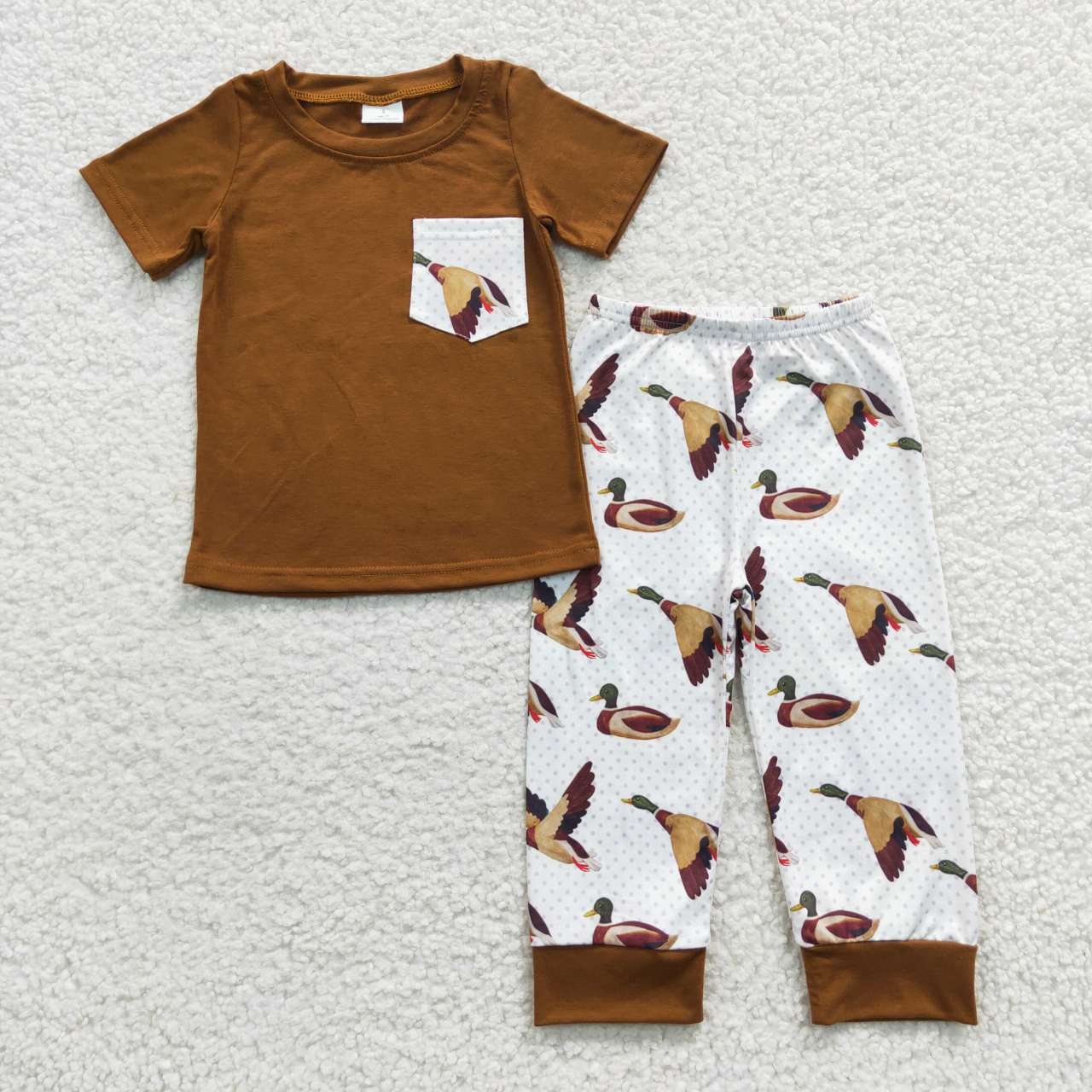RTS NO MOQ BSPO0102 Boys Duck Brown Pocket Short Sleeve Trouser Set