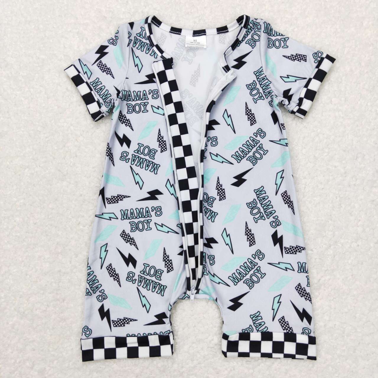 SR0563 mama's boy lightning black and white checkered gray short sleeve zipper jumpsuit