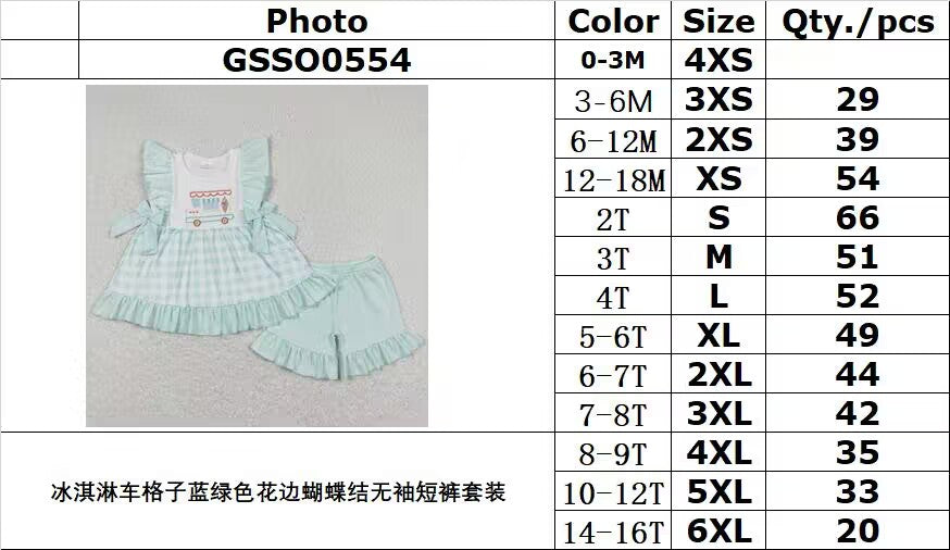 RTS no moq GSSO0554 Ice cream truck plaid teal lace bow sleeveless shorts set