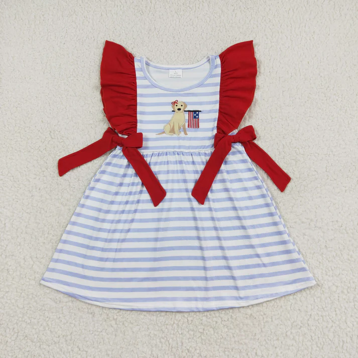 RTS NO MOQ Baby Girls 4th Of July Dog Flag Sibling Rompers Clothing Sets embroidery