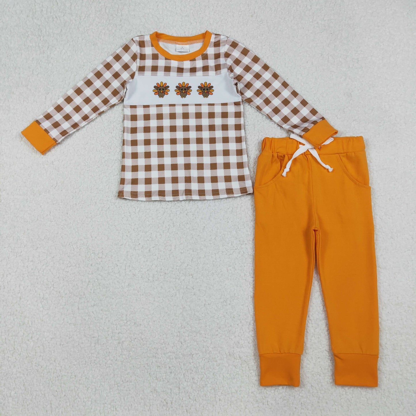 RTS NO MOQ(In Stock) BLP1186 Embroidery turkey brown plaid long-sleeved orange trouser suit
