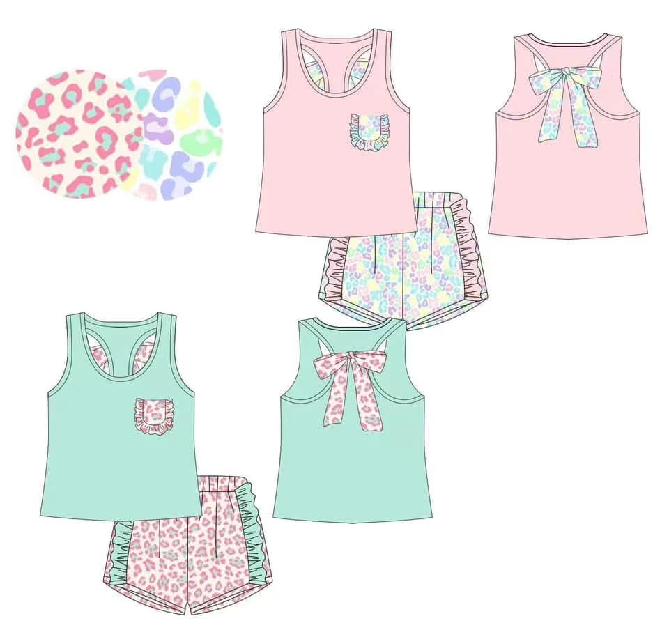 Custom summer baby girls clothes leopard short sleeve shorts sets