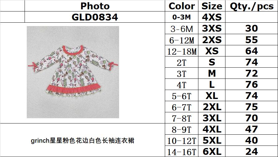 RTS NO MOQ ETA 5/7days arrived GLD0834 Grinch star pink lace white long sleeve dress