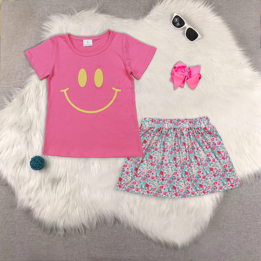 RTS NO MOQ ETA 5/7days Arrived GT0959+GLK0032 Offset printing smiley face rose red short-sleeved top skirt suit