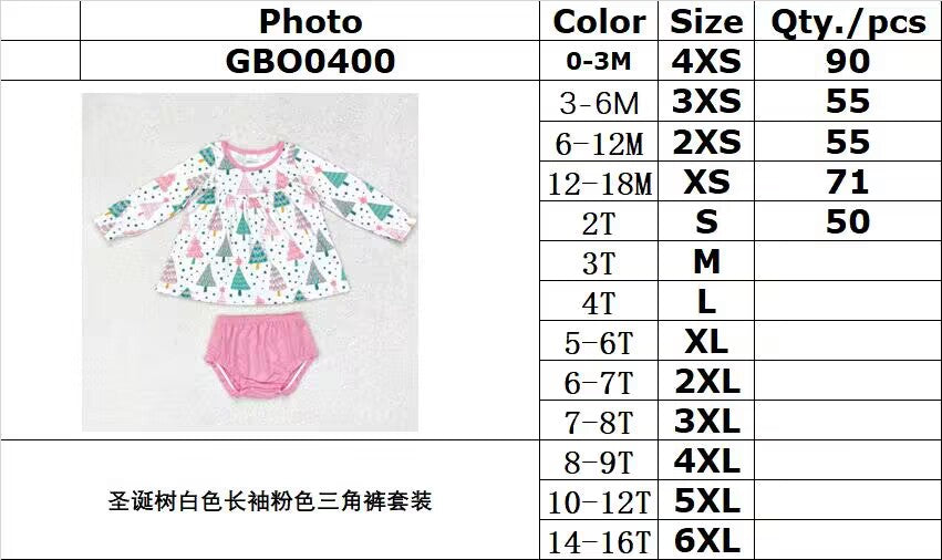 RTS no moq GBO0400 Christmas Tree White Long Sleeve Pink Briefs Set