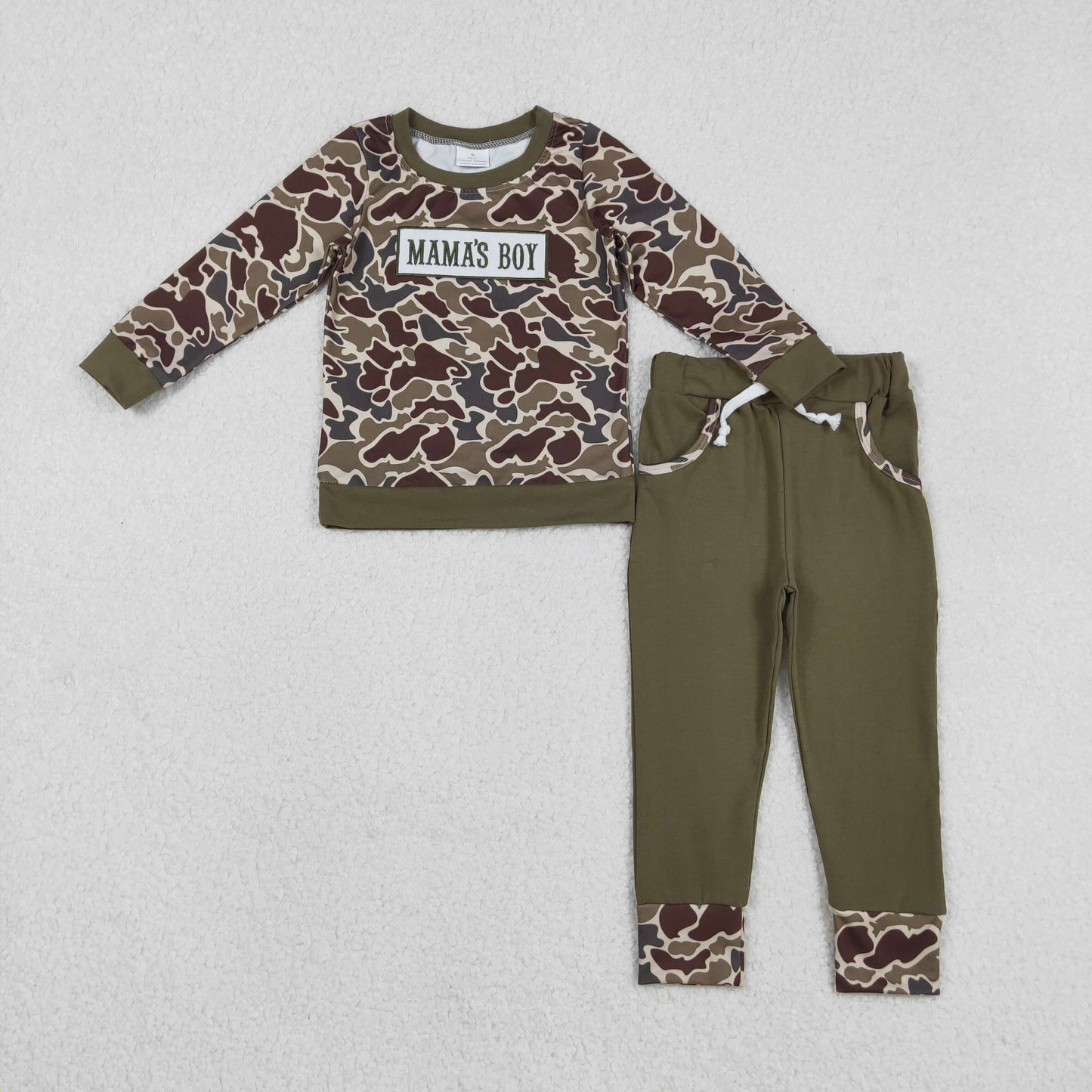 RTS NO MOQ(In Stock ) BLP1330 Embroidered Mama's Boy Brown and Green Camouflage Long-Sleeve Pants Set