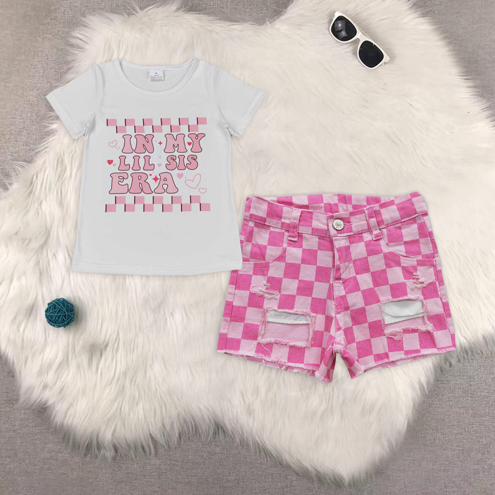RTS NO MOQ GT0557+SS0092 short sleeve Pink Check Denim Shorts sets