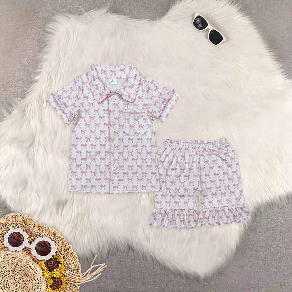 RTS NO MOQ Adult Girls bow Short Sleeve Shorts Pajama Set & kids shorts sets