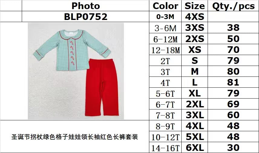 rts no moq BLP0752 Christmas cane green plaid doll collar long-sleeved red trousers set