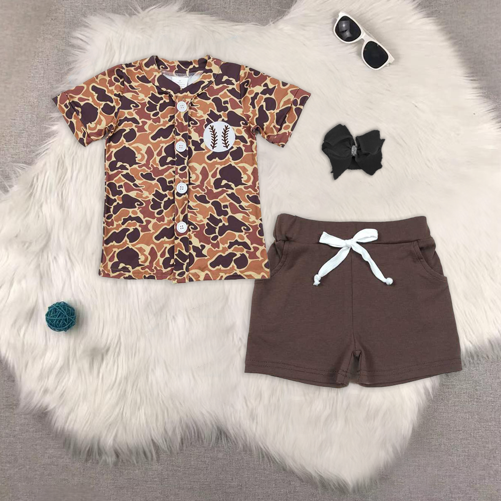 RTS NO MOQ BT1102+SS0134 camouflage baseball short-sleeved top Brown pocket shorts