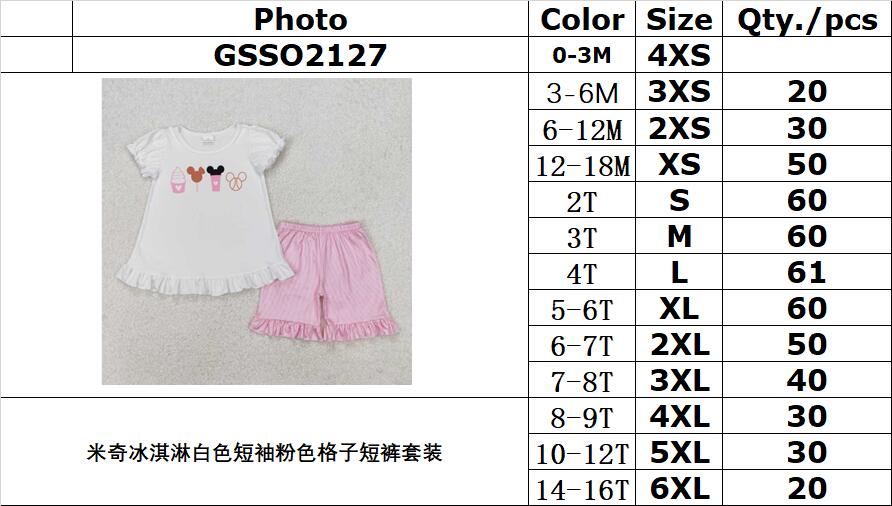 RTS NO MOQ ETA 5/7days Arrived GSSO2127 Mickey Ice Cream White Short Sleeve Pink Plaid Shorts Set