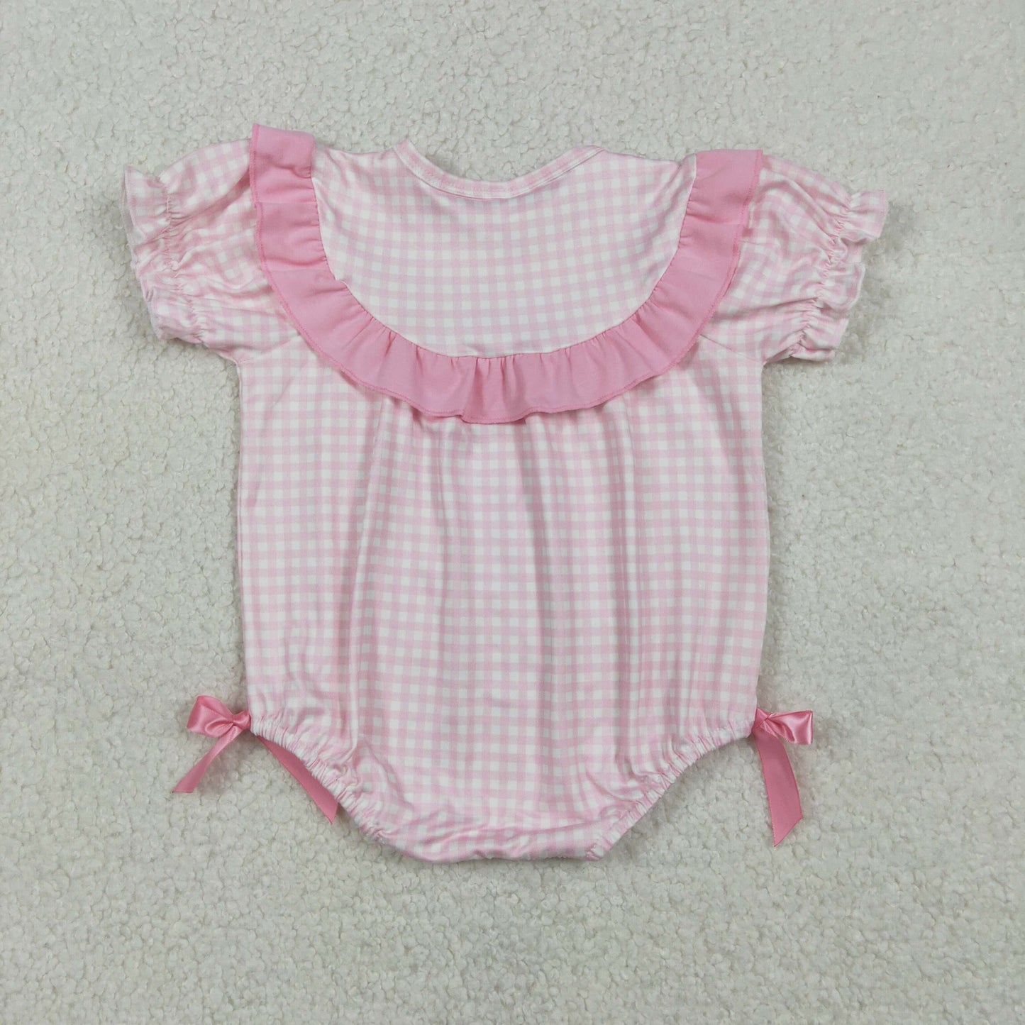 RTS NO MOQ(In Stock) Easter Butterfly, Chick, and Bunny Pink Plaid Short-Sleeve Jumpsuit