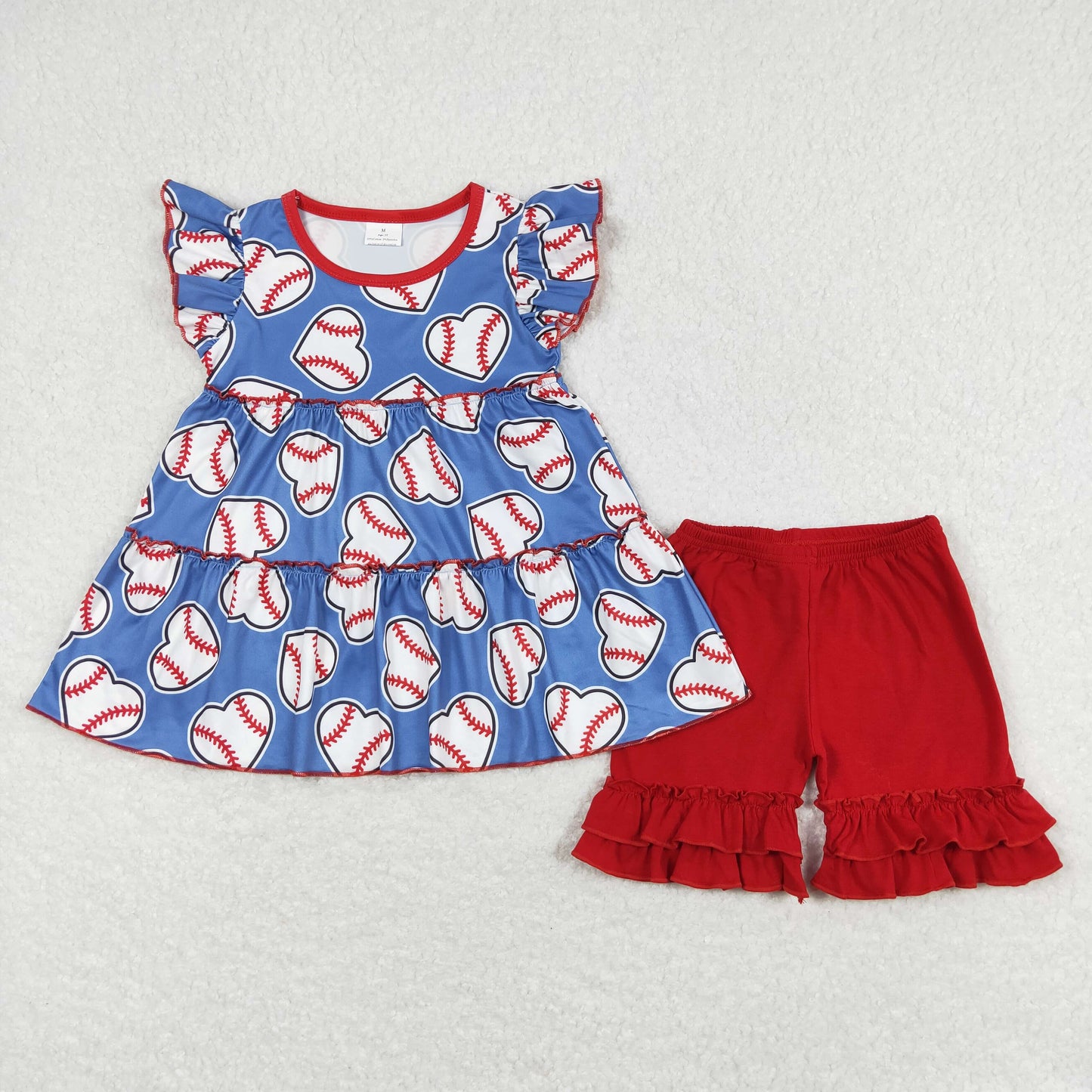 RTS NO MOQ ETA 5/7days Arrived GT0483+SS0184 Love baseball blue flying sleeve top Red lace shorts