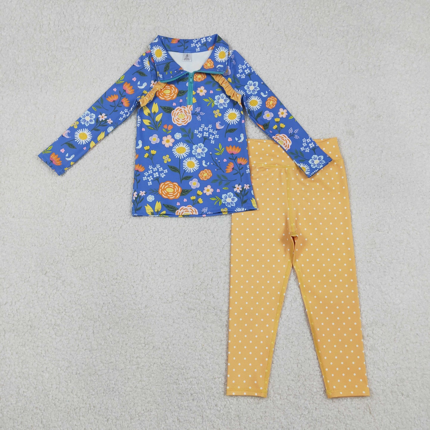 RTS NO MOQ(In Stock) Colorful Flower Royal Blue Zipper Long-Sleeved White Polka Dot Orange Pants Yoga Set