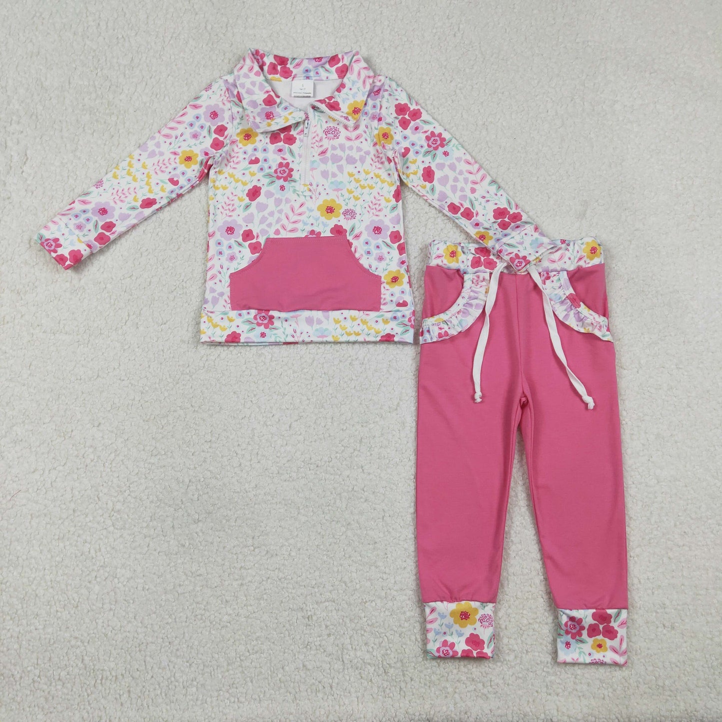 RTS NO MOQ(In Stock) Colorful Flower and Leaf Pink Pocket Zipper Long-Sleeve Pants Set