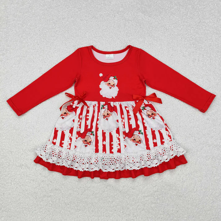 RTS NO MOQ Baby Girls Santa Claus Print Red Stitching Red and White Striped Long Sleeve Dress & Romper & Long Sleeve Pants Set