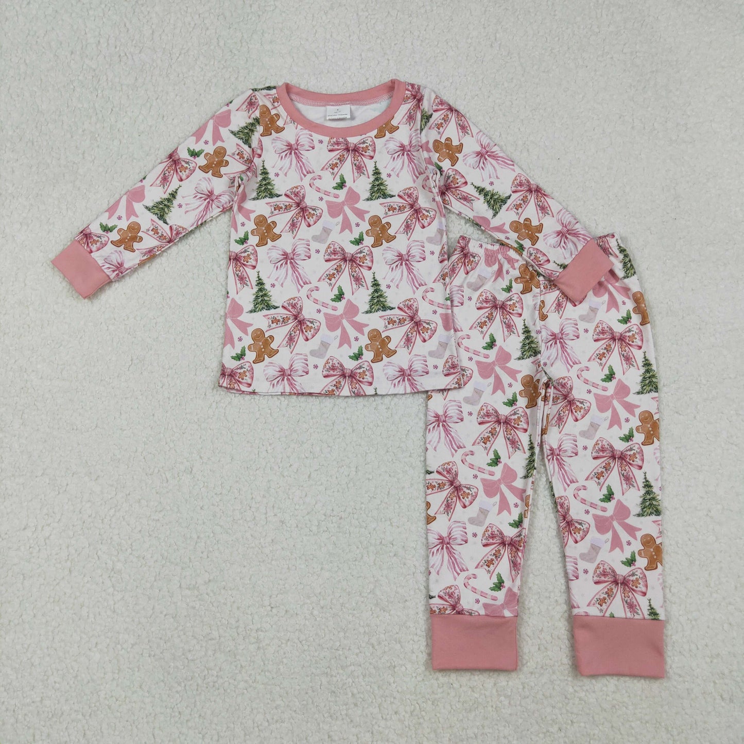 RTS NO MOQ(In Stock) GLP2542 Christmas Gingerbread Man Sock Bow Pattern Pink Long-Sleeved Pants Pajama Set
