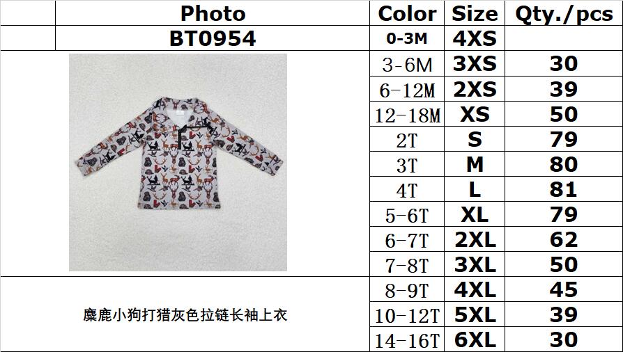 RTS NO MOQ ETA 5/7days Arrived BT0954 Moose Puppy Hunting Grey Zipper Long Sleeve Top